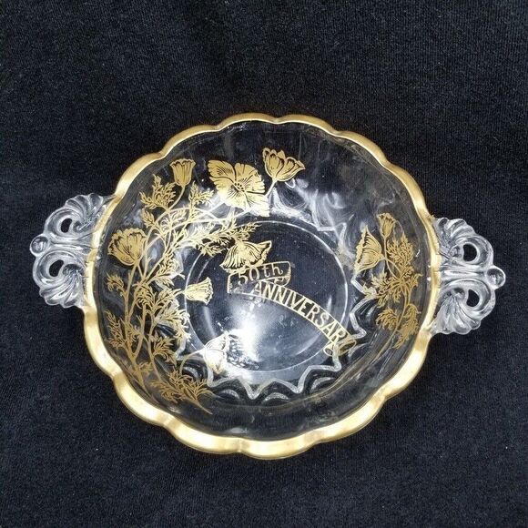 50th Anniversary Crystal Bowl Silver City Glass Platter 22K Gold Handles - Picture 1 of 3